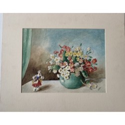 Natura morta con fiori e porcellana - acquerello