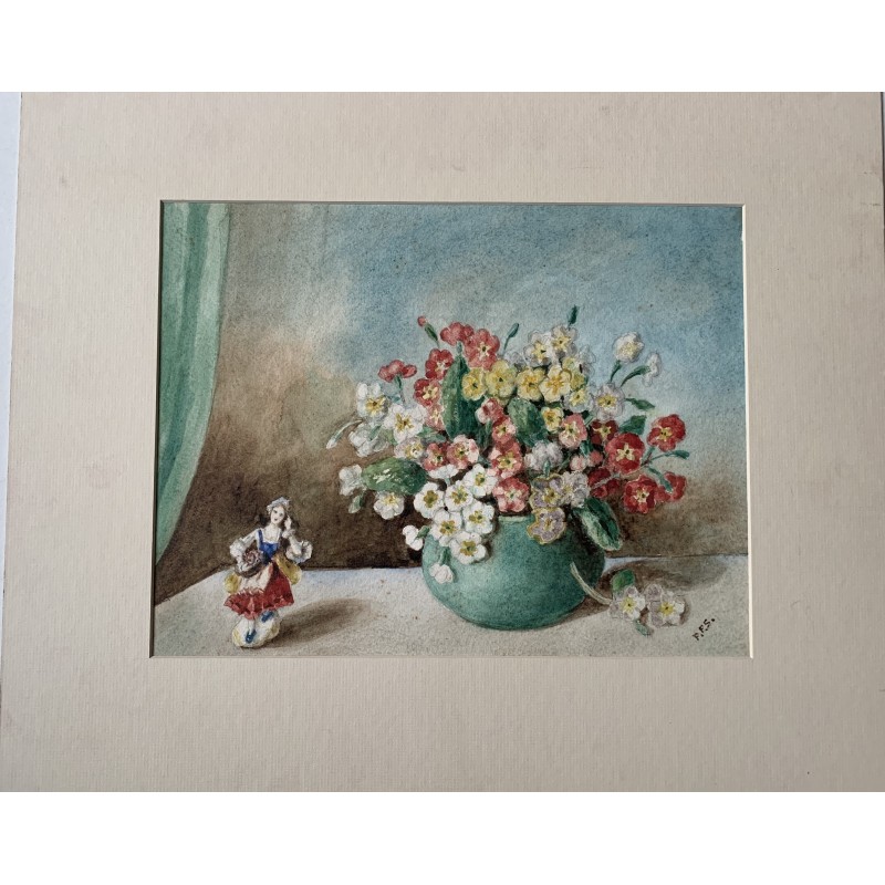 Nature morte aux fleurs et à la porcelaine - aquarelle