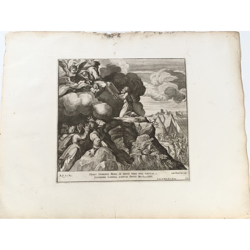 Moses receiving two stone tablets of the law from God - 1674 engraving