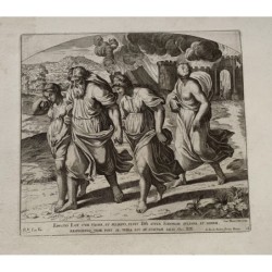 Lot e la sua famiglia fuggono da Sodoma - incisione del 1674