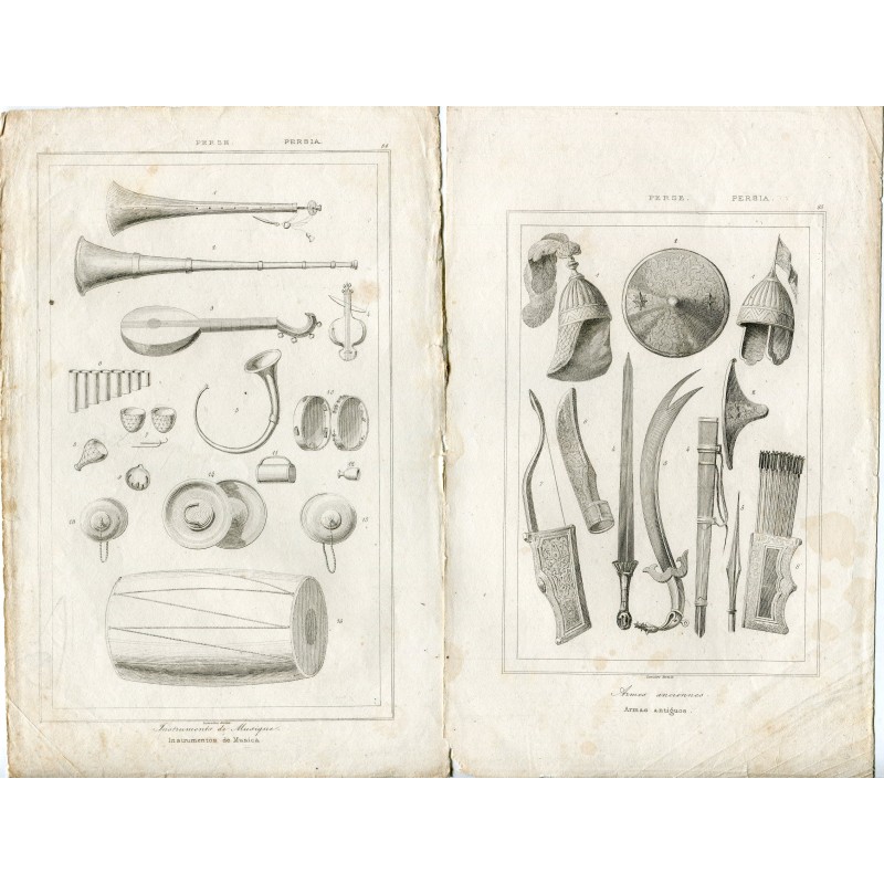 Perse. Instruments de musique. Gravure, XIXe siècle.