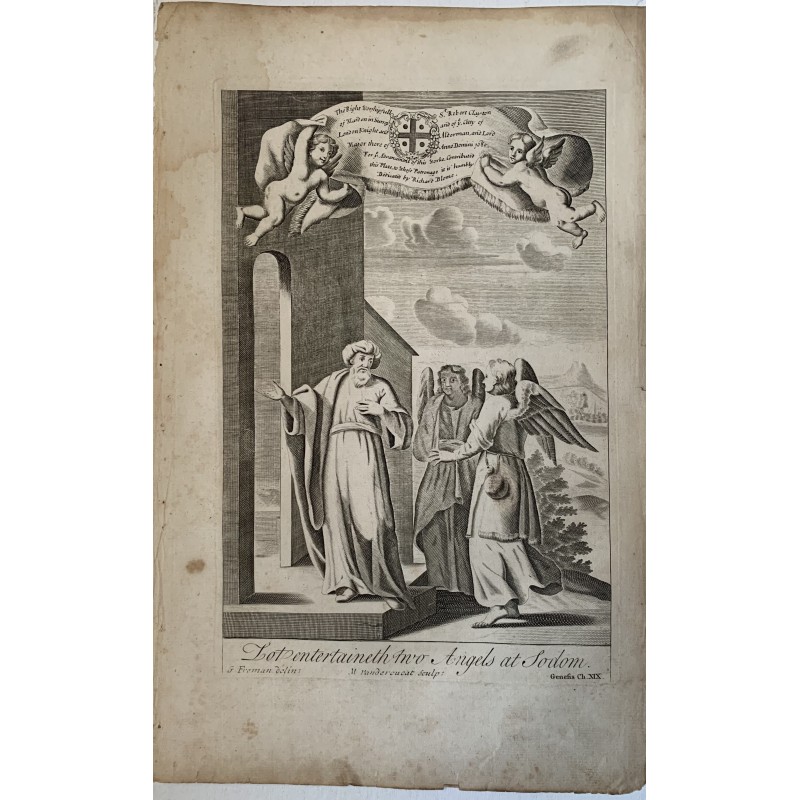 Bibbia. Lot intrattiene due angeli a Sodoma, incisione di Vandercucat da un'opera di G. Freeman
