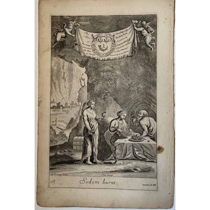 Bibel. Verbranntes Sodom, Kupferstich von G. Freman, veröffentlicht im 17. Jahrhundert von Richard Blome