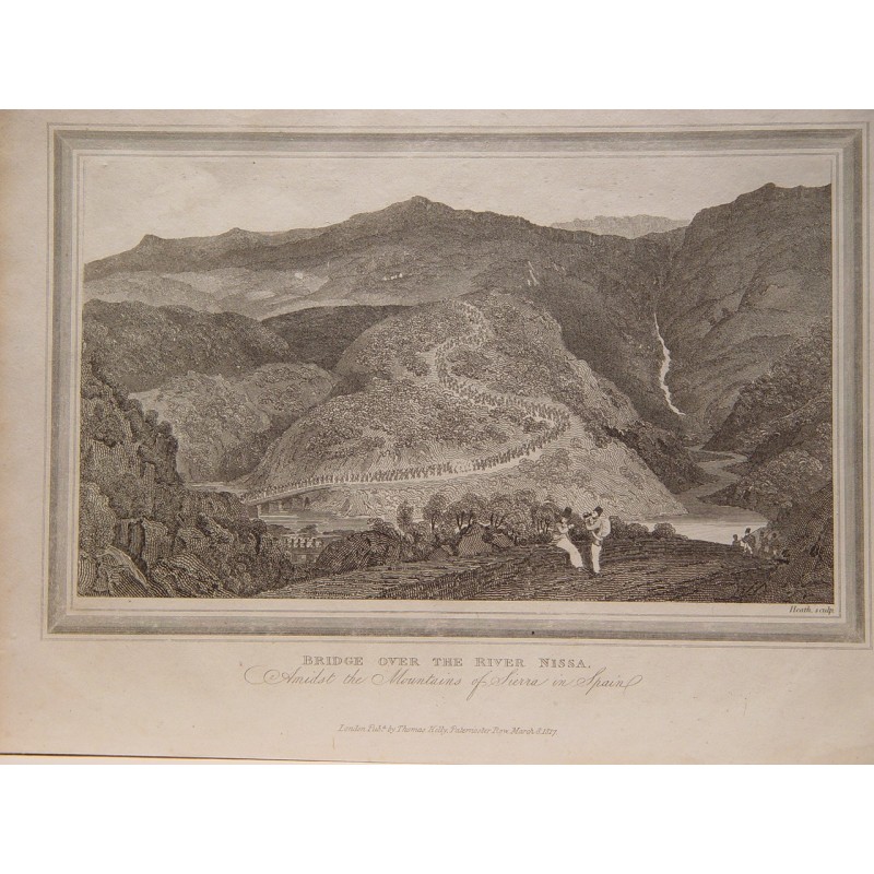 Ponte sul fiume Nissa. Tra le montagne della Sierra, in Spagna. Incisione di Heath (incisore del XIX secolo).