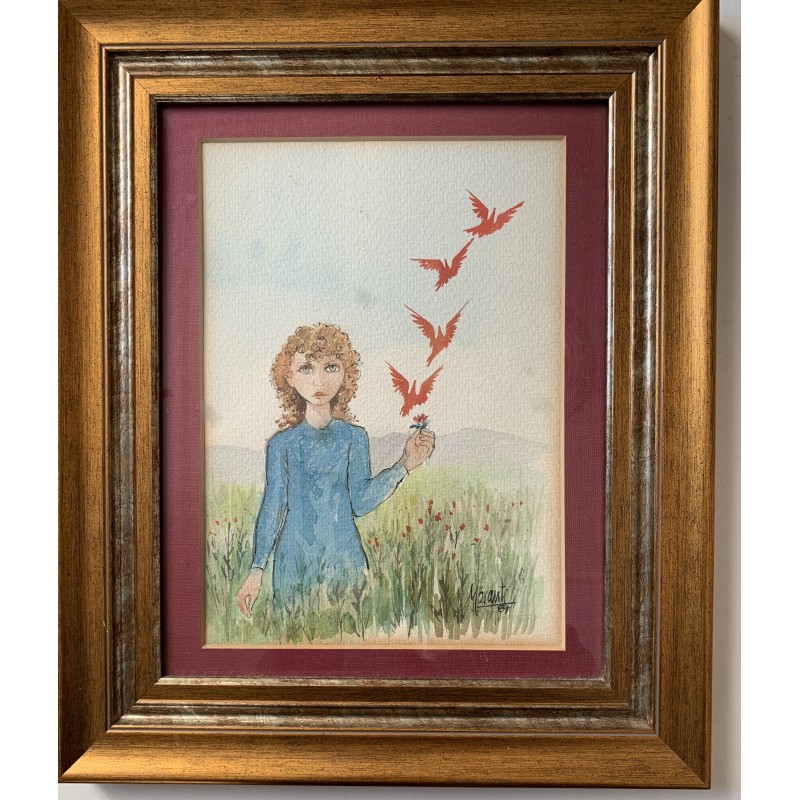 Roberto Ruiz Morante. Girl with Doves. Watercolor.