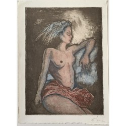 Elena Jou. Nudo. Acquaforte colorata, prova d'artista. Pittrice catalana.