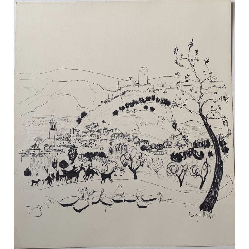 Enrique Lledó. Biar. Disegno a inchiostro. Firmato e datato 1988.