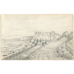 France. Digue, Boulogne. Dessin au crayon. Signé EJ Hill et daté 1864.