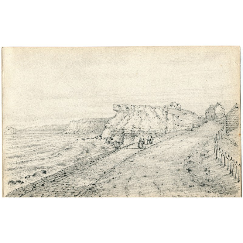 France. Sea Wall, Boulogne. Pencil drawing. Signed EJ Hill and dated 1864.