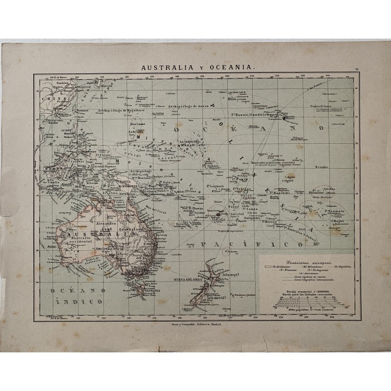 Mappa della colonizzazione europea dell'Australia e dell'Oceania, 1885 di Gras y Cia.
