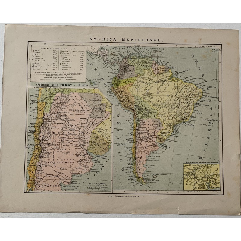 Mapas. America Meridional. Litografia por Gras y Cia, Madrid.