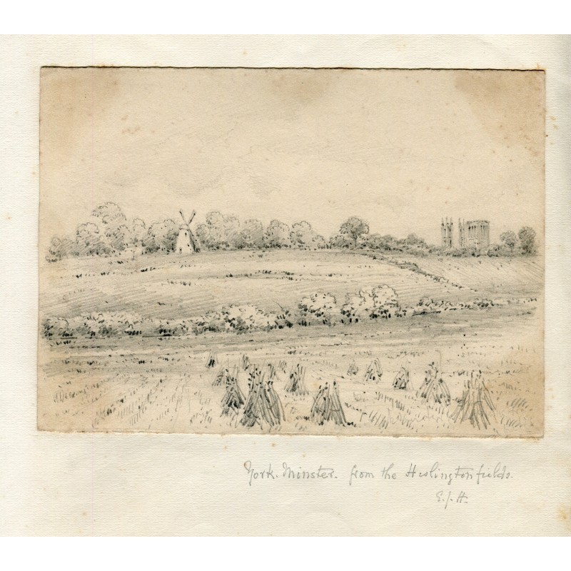 Angleterre. Cathédrale d'York vue depuis Hislington Field. Dessin au crayon signé des initiales EJH.