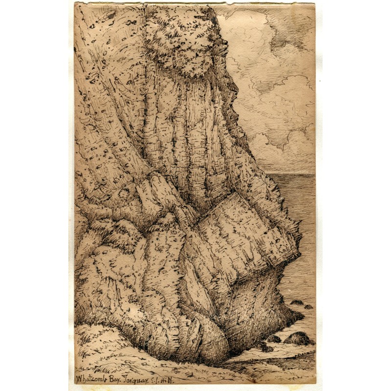 Baie de Whatcombe, Torquay. Dessin titré et signé par EJ Hill.