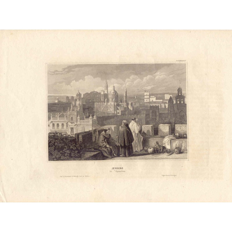 Vue générale de Jerez, Cadix - Gravure ancienne