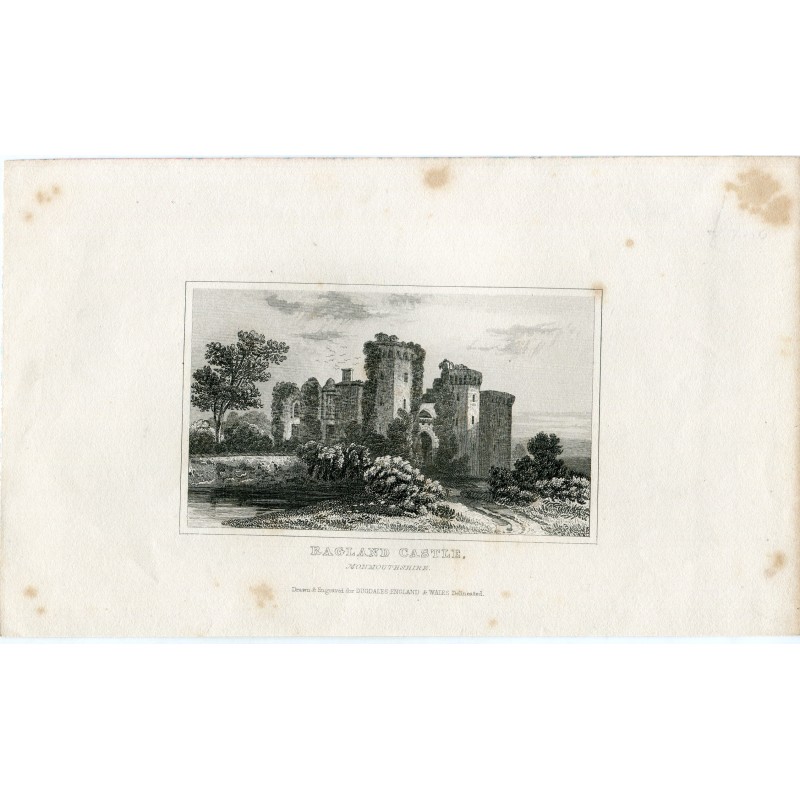 Galles. Monmouthshire. Castello di Rangland. Incisione di Dougdales. XIX secolo.