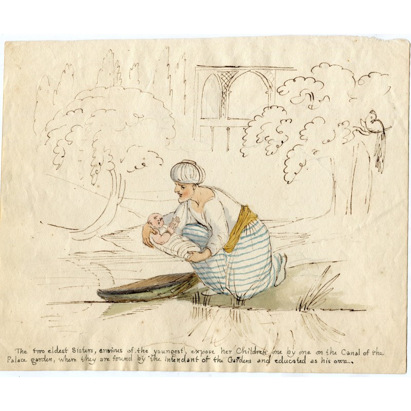 Aquarellzeichnung von Moses, der aus den Fluten gerettet und in den Schlossgarten gebracht wurde. 1860