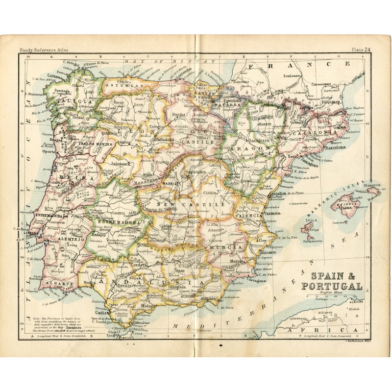 Mappa della Spagna e del Portogallo incisa nel 1879 da John Bartholomew