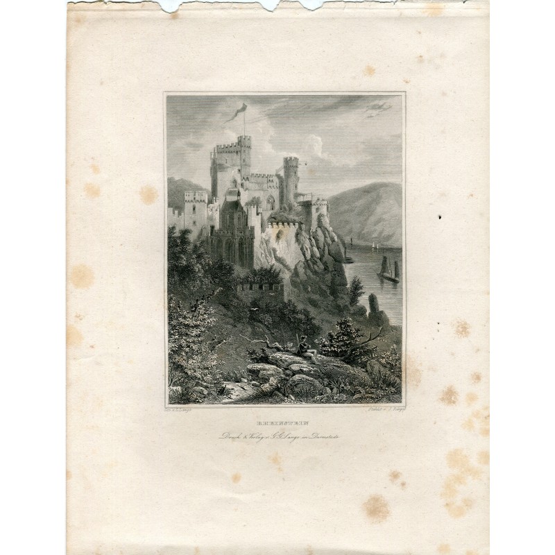 Germany. Rheinstein Castle, engraved by J. Riegel after a drawing by L. Lange.