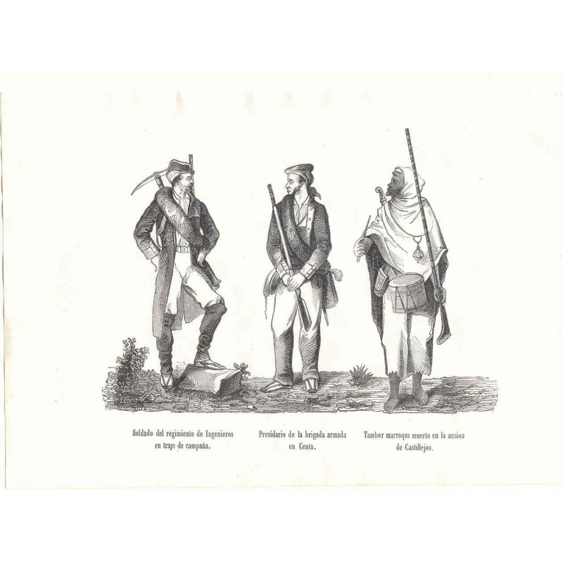 Soldat des Pionierregiments, Insasse der bewaffneten Brigade und marokkanischer Trommler von Castillejos.