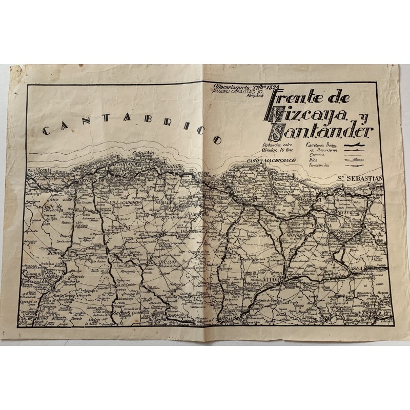 Mapa cartográfico del Frente de Vizcaya y Santander. Grabado 1936-1939