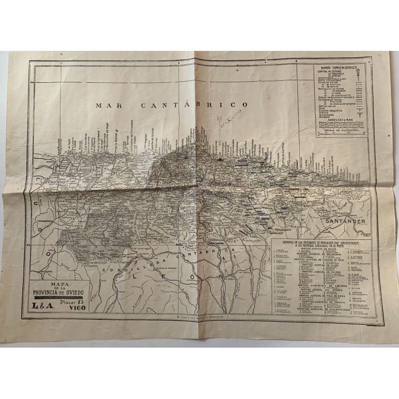 Mapa de la provincia de Oviedo grabado de 1937.