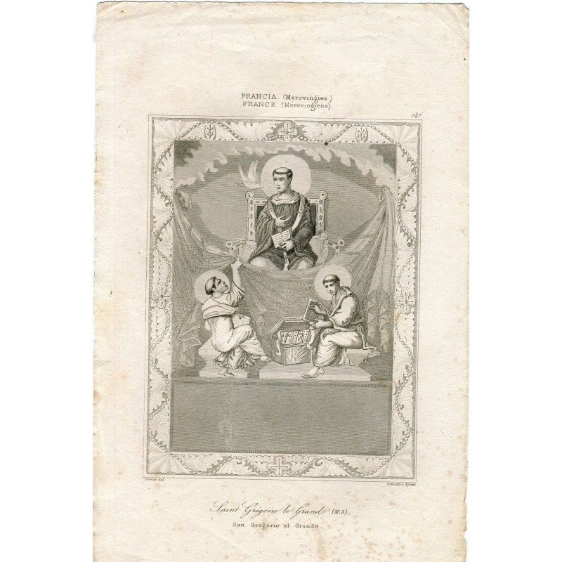 Francia. Merovingi. San Gregorio Magno. Incisione di Lemaitre da un disegno di Vernier.