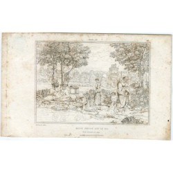 Religioso. Mosè in piedi sul Nilo. Incisione basata su un'opera di Poussin.