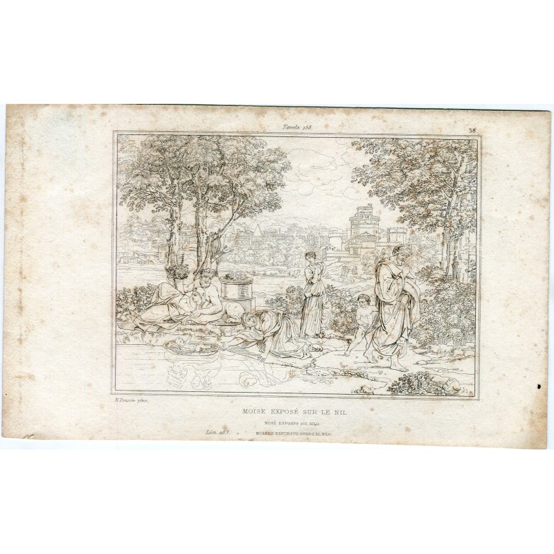 Religioso. Mosè in piedi sul Nilo. Incisione basata su un'opera di Poussin.