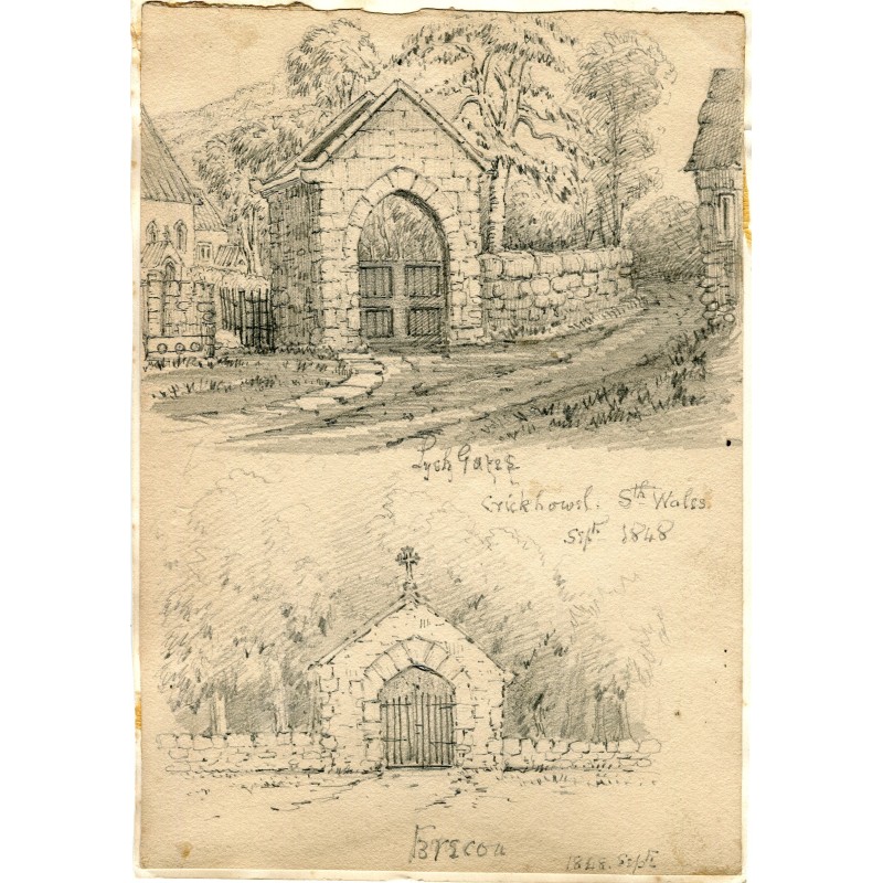 Inghilterra. Lynch Gate a Brecon. Doppio disegno incollato su carta.