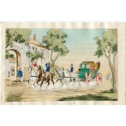 Carrozza con personaggi a cavallo. Litografia del XIX secolo.