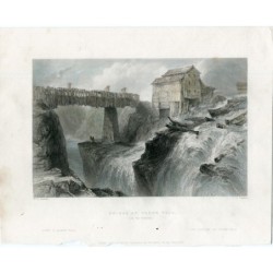 New York Glens Falls, Blick auf eine Holzbrücke über den Hudson, Kupferstich von 1840.