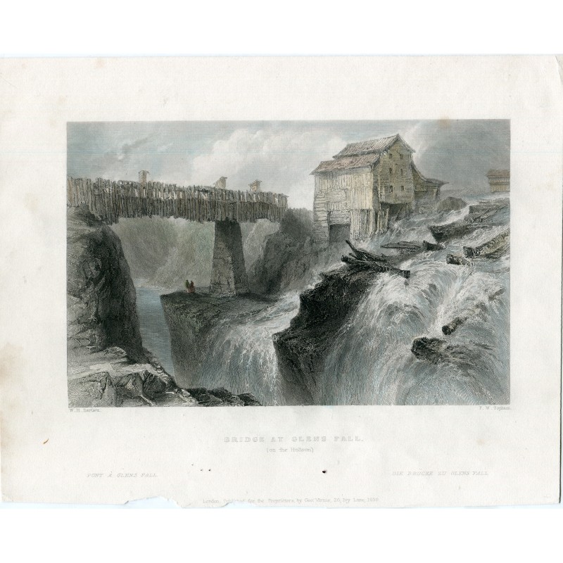 New York Glens Falls, - Veduta di un ponte di legno sull'Hudson, incisione del 1840.