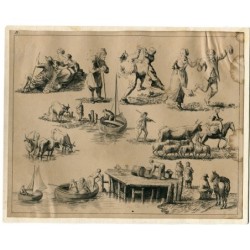 Gravure avec différents thèmes et figures anonymes