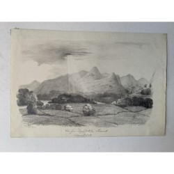 Inghilterra. Derwentwater. Vista dal 'Royal Oak Inn', Keswick. Disegno.