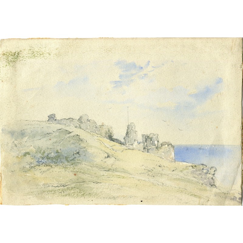 Küstenlandschaft mit Ruinen. Aquarell. Anonym.