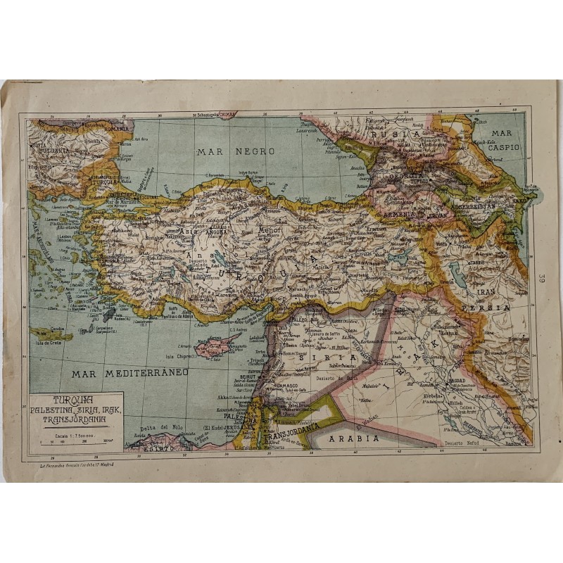 Mappa di Turchia, Palestina, Siria, Iraq e Transgiordania. 1939