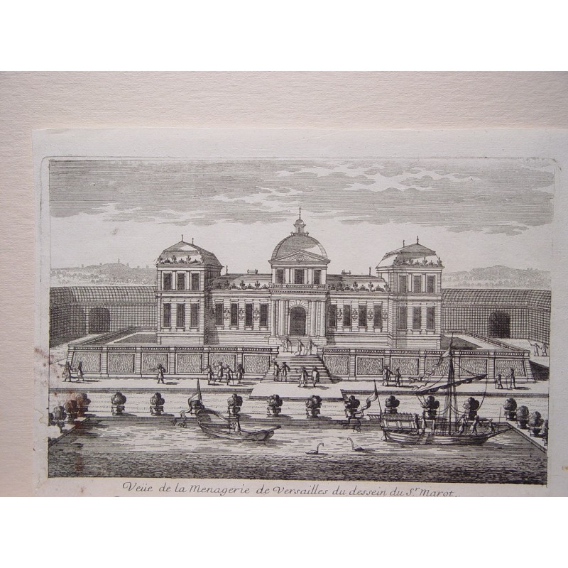 Veue de la Ménagerie de Versailles du dessein du Sr. Marot. Pierre Aveline l'Ancien. Paris, 1656-1722.