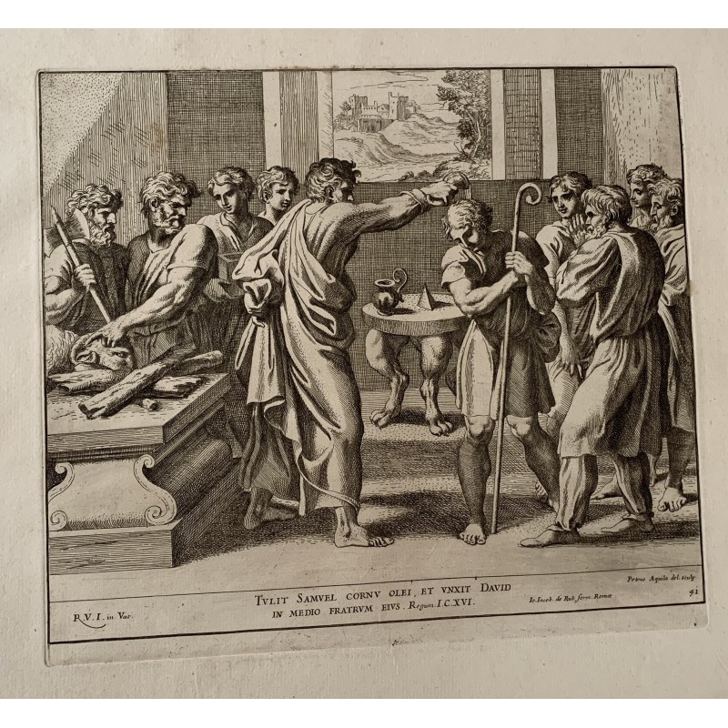 Raphael Bibel - Samuel salbt David - 1674 Gravur