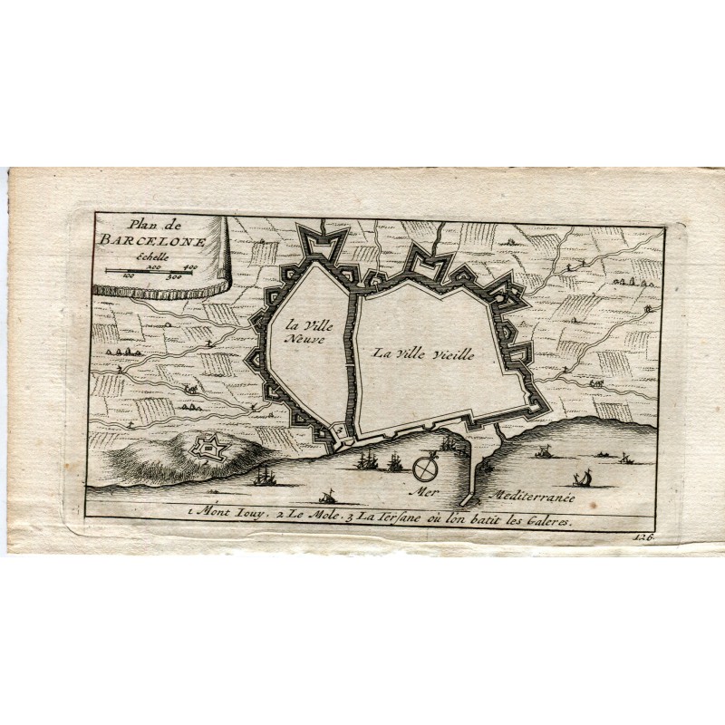 Plan de Barcelona. Mont Iouy. Le Mole. La Terfane. Grabado por Vander Aa, 1715