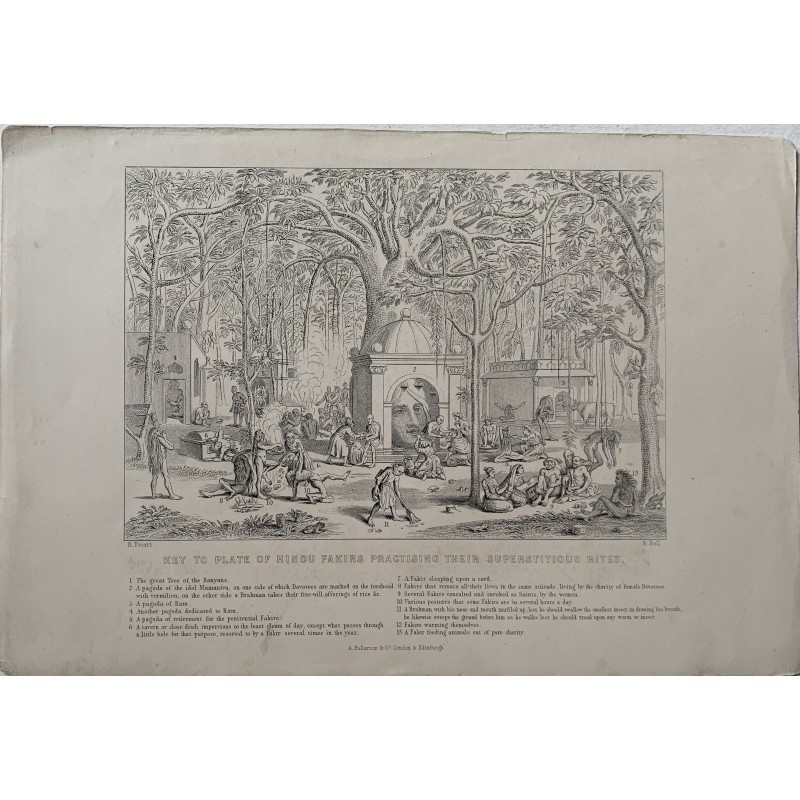 Key to plate of hindu fakirs practising their supertitious. Grabado por R. Bell