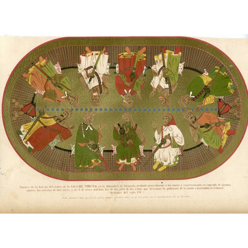 1879. Alhambra-Palast (Granada). Deckengemälde in der Mitte. Justizpalast. Chromolithographie von Pujadas.