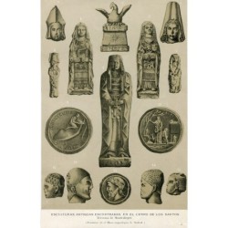 Chromolithography of ancient sculptures found on the Cerro de los Santos