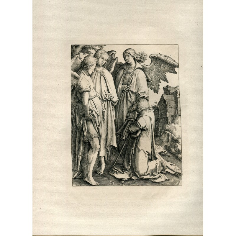 Amand Durand heliograbado Abraham y los tres angeles copia de Van Leyden