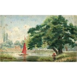 Paysage fluvial. Aquarelle de l'école anglaise du XIXe siècle.