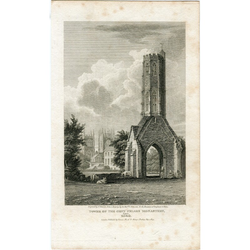Inglaterra. 'Tower of The Grey Friars Monastery grabado por J.Steward de un dibujo del Rvdo. E. Edwards