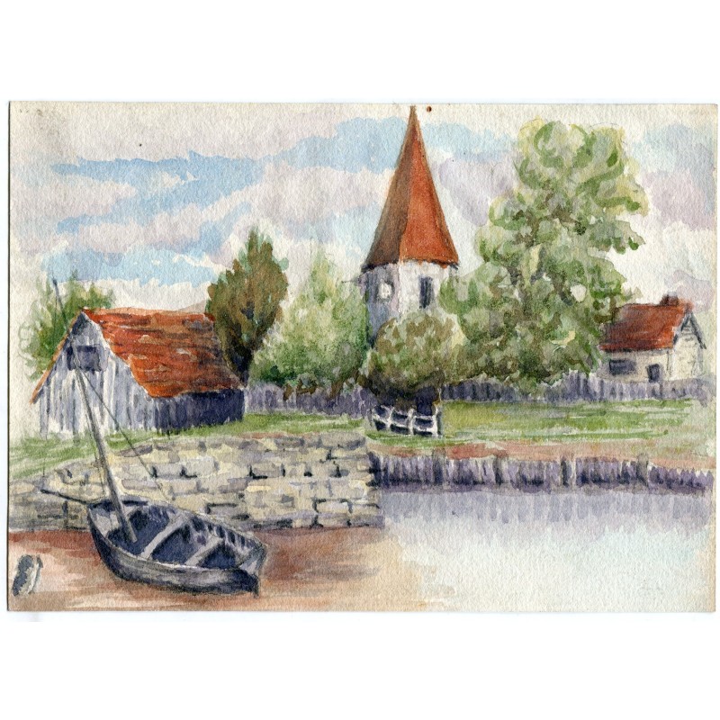Farmhouse. Anonymous watercolor from the 19th-20th century.