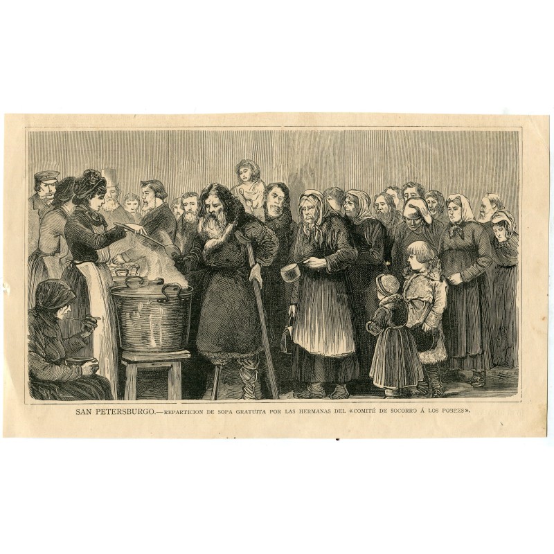 St. Petersburg. Distribution of free soup to the poor. Engraving.