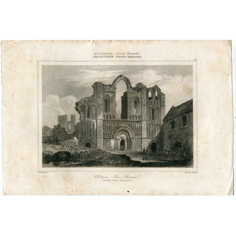 Inglaterra. Chateau Acre Prieure. Grabado por Lemaitre de un dibujo de Gaucherel, 1842