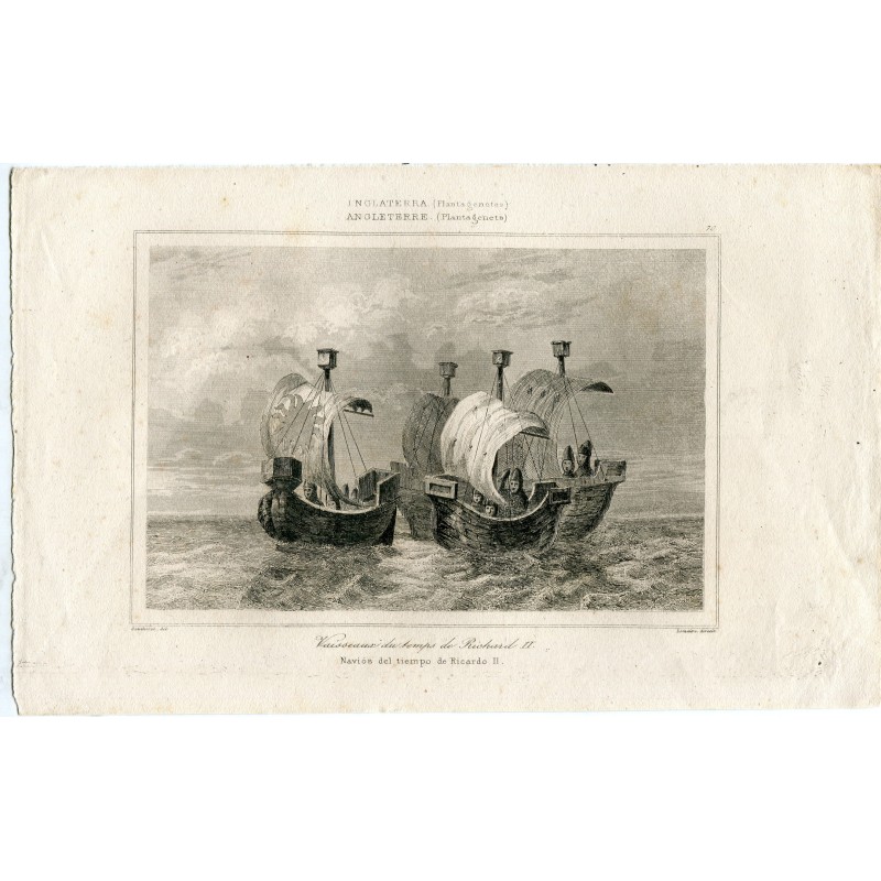 Navios del tiempo de Ricardo II. Grabado por Lemaitre de un dibujo de Gaucherel, 1842
