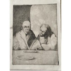 Personnages. Gravure d'Elena Lou Montano, dessinatrice et graveuse catalane du XXe siècle.